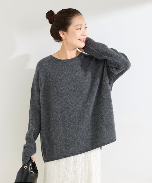 獣毛混袖リブプルオーバー