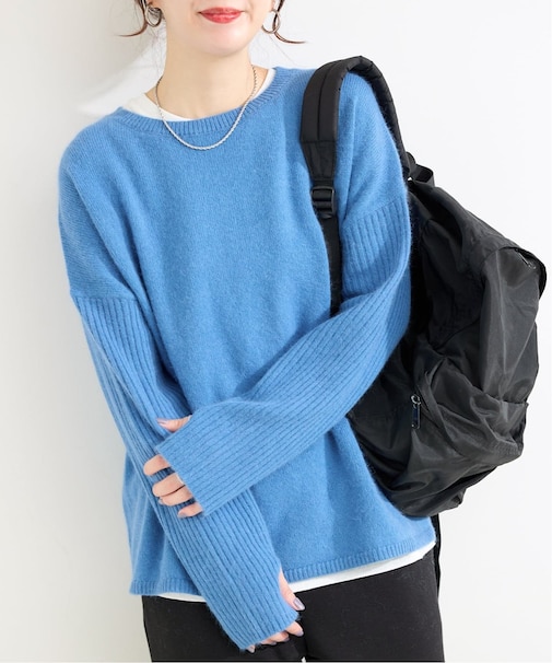 獣毛混袖リブプルオーバー