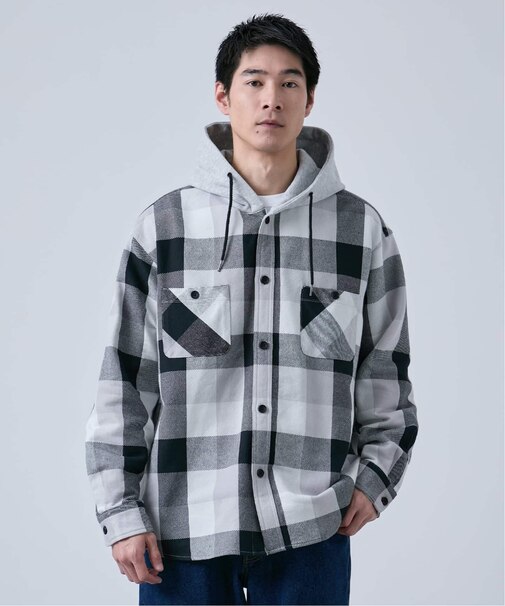 ビックチェック柄 フード シャツ