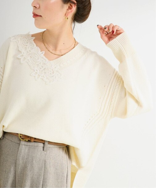 手洗い可 / レース付き7Gニットプルオーバー