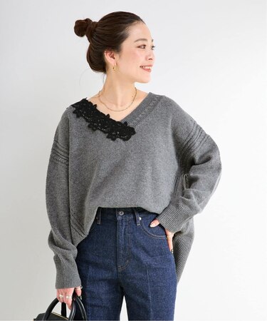 手洗い可 / レース付き7Gニットプルオーバー