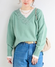 手洗い可 / レース付き7Gニットプルオーバー