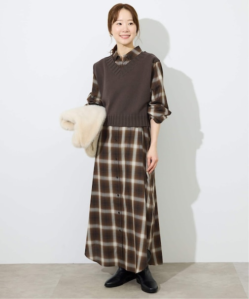 《2枚セット》チャックシャツワンピース・ニットベストセット