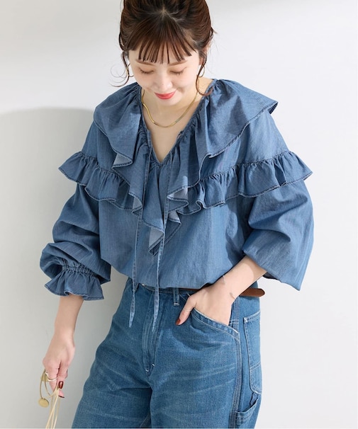 ウォッシャブル / 3.8OZデニムフリルブラウス