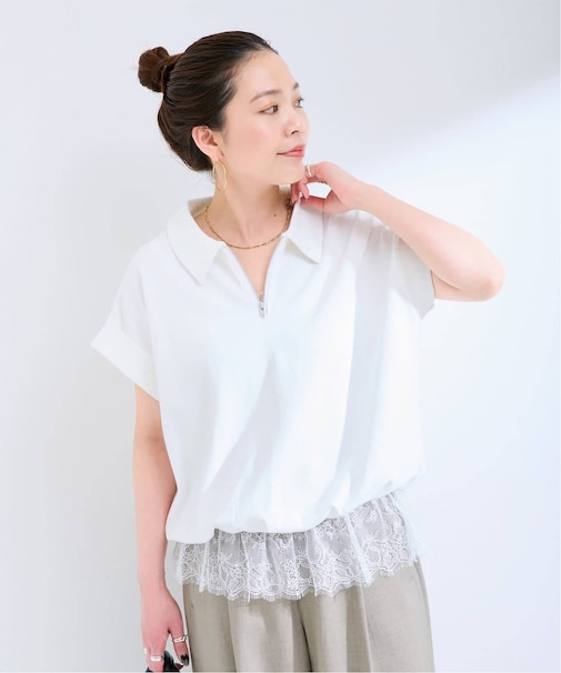 手洗い可 / レース付きハーフジッププルオーバー