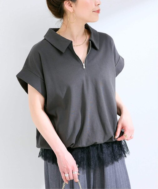 手洗い可 / レース付きハーフジッププルオーバー