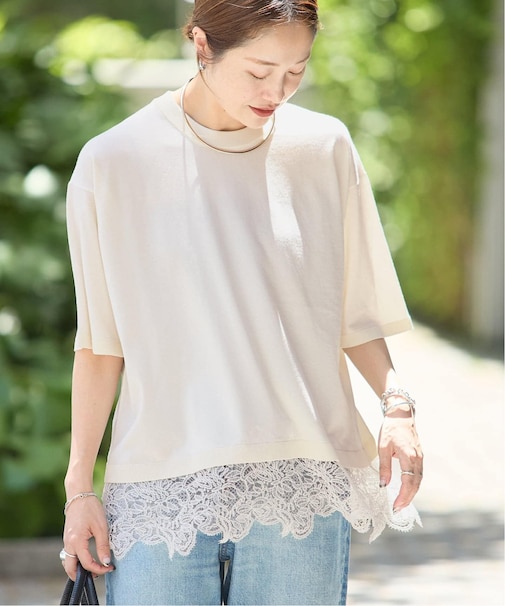 【洗える/接触冷感】WASHABLE COOL レースヘム ハーフスリーブ プルオーバー
