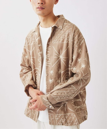 ランダムパターン 刺繍 オープンカラーシャツ