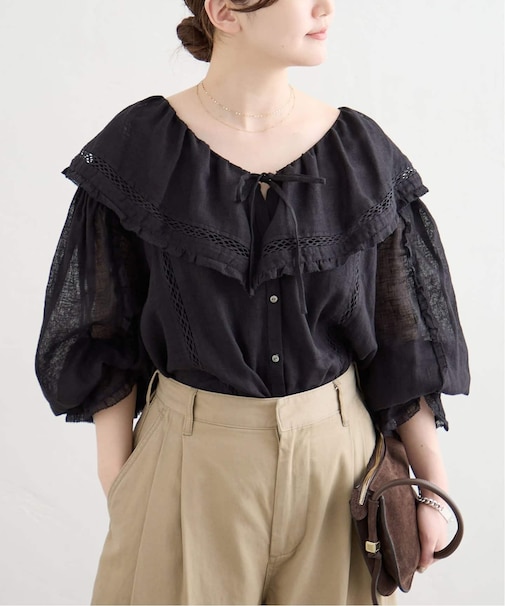 リネンメッシュ ラッフルブラウス