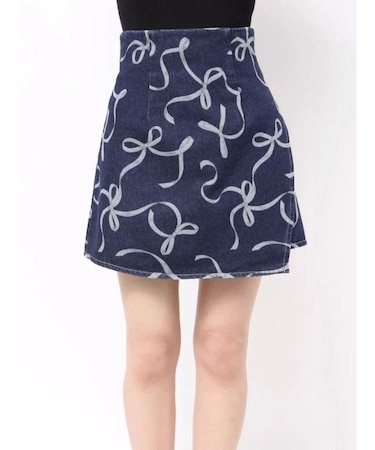 リボンプリントデニムラップスカパン