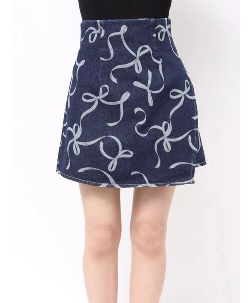 リボンプリントデニムラップスカパン
