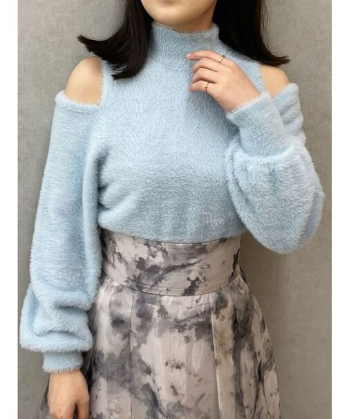 オープンショルダーミニシャギーニット