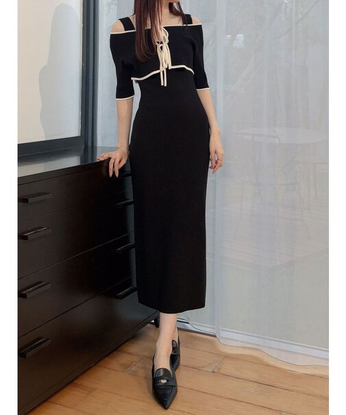 3WAY配色ストラップバッククロスハーフスリーブワンピース