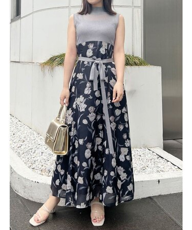 シアーノースリニット花柄ドッキングワンピース