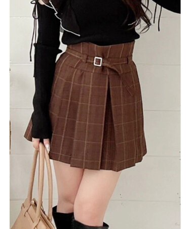 ベルト付きチェックプリーツミニスカパン