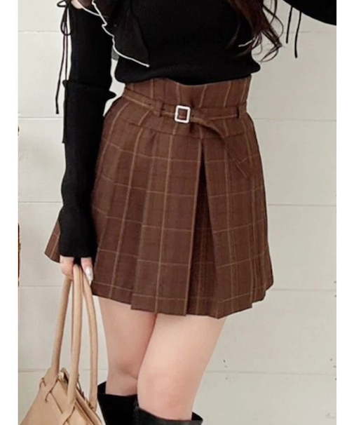 ベルト付きチェックプリーツミニスカパン