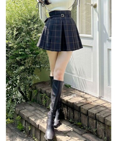 ベルト付きチェックプリーツミニスカパン