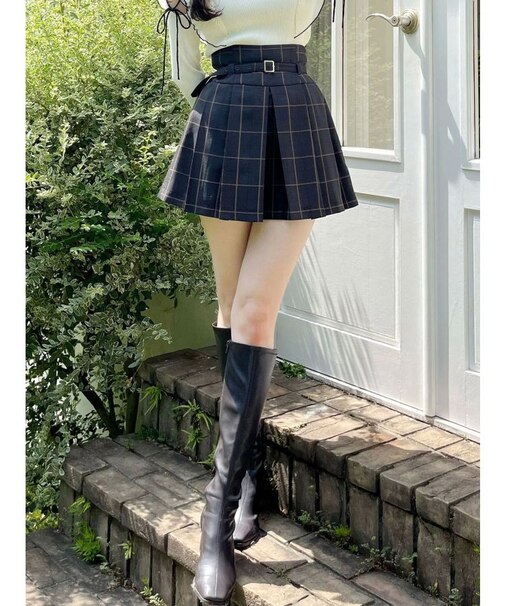 ベルト付きチェックプリーツミニスカパン