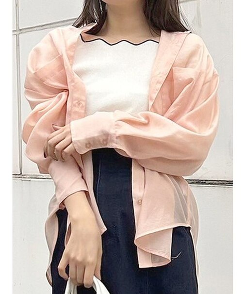 ノーカラーバックリボンシアーシャツ