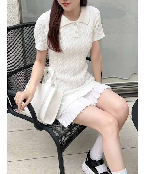 異素材プリーツドッキングポロニットミニワンピース