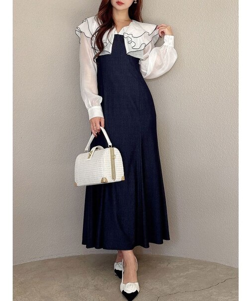 ボリュームラッフル配色ドッキングワンピース