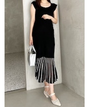 バイカラーシースルーヘムニットワンピース