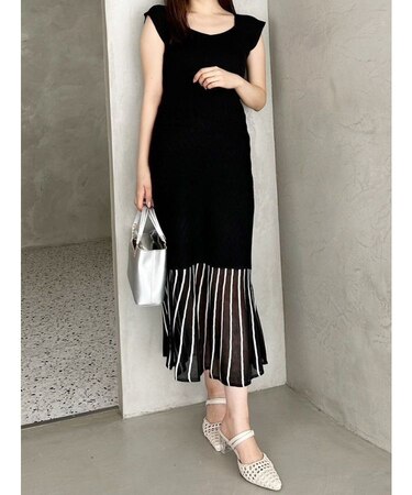 バイカラーシースルーヘムニットワンピース