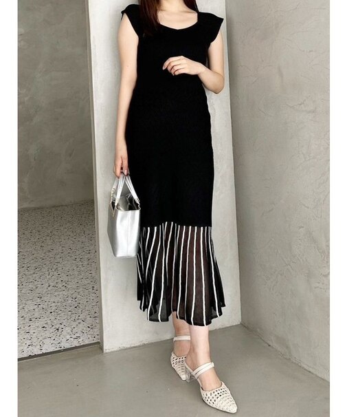 バイカラーシースルーヘムニットワンピース