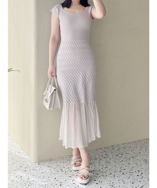 バイカラーシースルーヘムニットワンピース