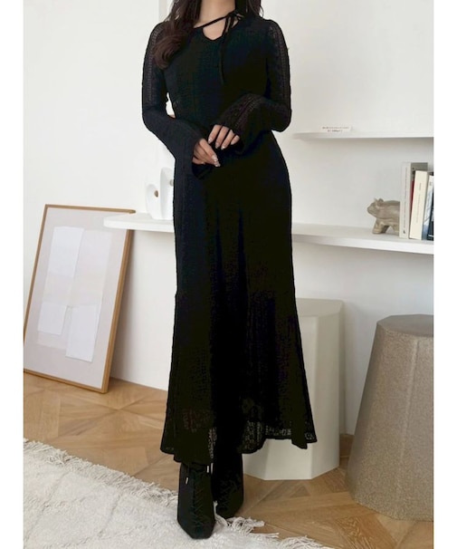 カットレースブロッキングフレアスリーブマーメイドワンピース