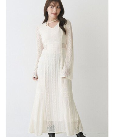 カットレースブロッキングフレアスリーブマーメイドワンピース