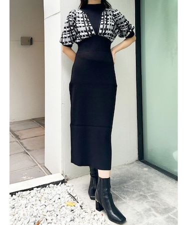 チェックジャカードドッキングニットワンピース