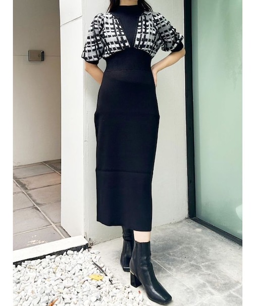 チェックジャカードドッキングニットワンピース