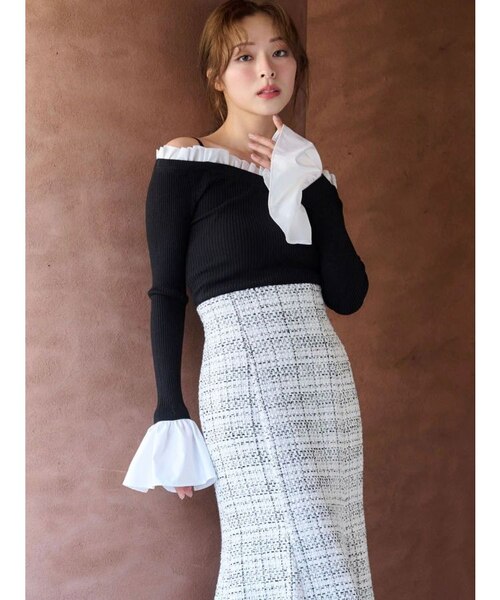 マーキュリーデュオ　異素材フリルオフショルリブニット 異素材フリルオフショルリブニット｜マーキュリーデュオの通販