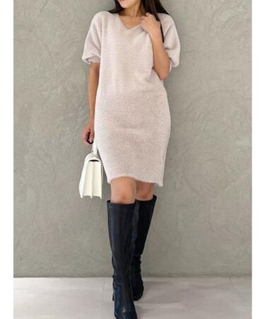 2WAYミニシャギーハーフスリーブネックレス付ミニニットワンピース