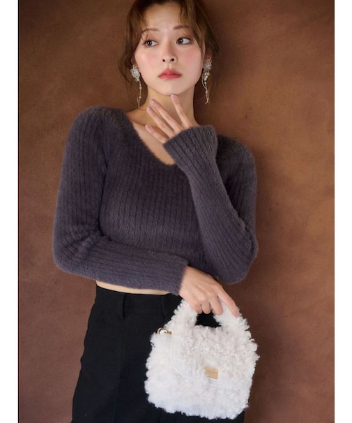 ミニシャギーVネッククロップドニット