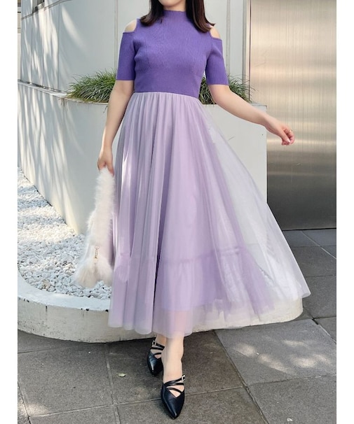 チュールドッキングオープンショルダーワンピース