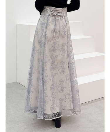 ラインフラワーバックレースアップ刺繍スカート