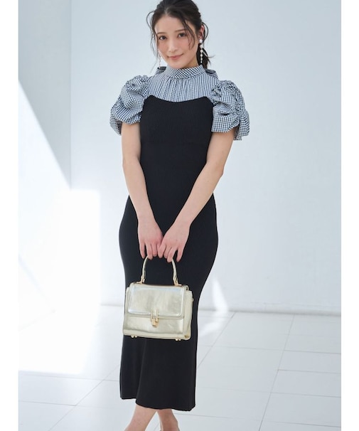 ギンガムギャザーパフニットドッキングワンピース