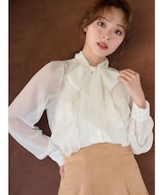 シフォンラッフルフリルボウタイブラウス