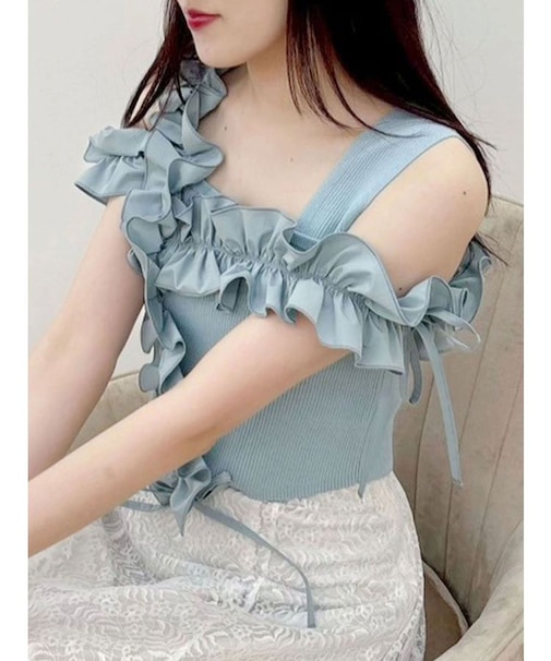 異素材シャーリングフリルニット