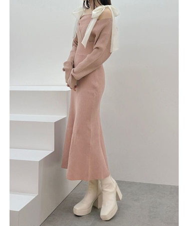 2WAYショルダーリボンマーメイドニットワンピース