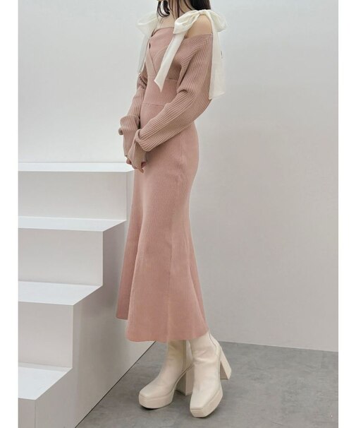 2WAYショルダーリボンマーメイドニットワンピース