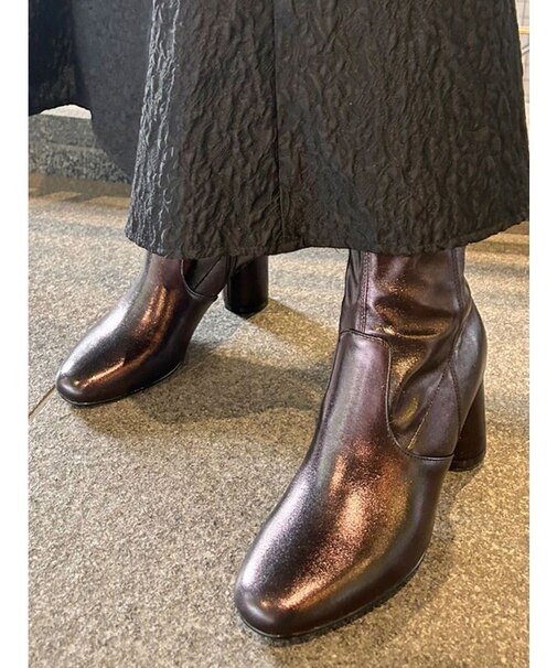 フェイクレザーデザインヒールストレッチショートブーツ