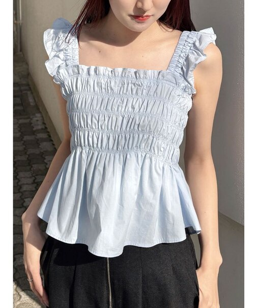 シャーリングフリルバックシャンブラウス