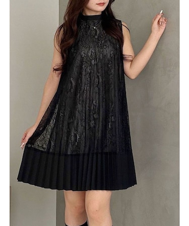 バイカラーレースプリーツミニワンピース