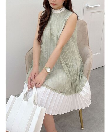 バイカラーレースプリーツミニワンピース