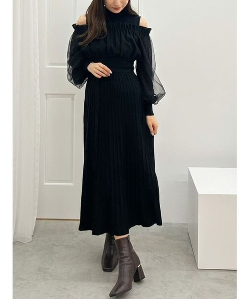 異素材ドッキングオフショルニットワンピース