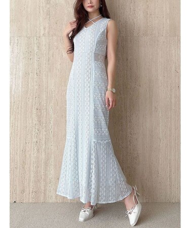 カットレースブロッキングマーメイドワンピース