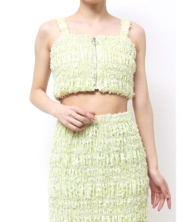 【OUNNOUN】カットジャガードシャーリングフロントZIPビスチェ